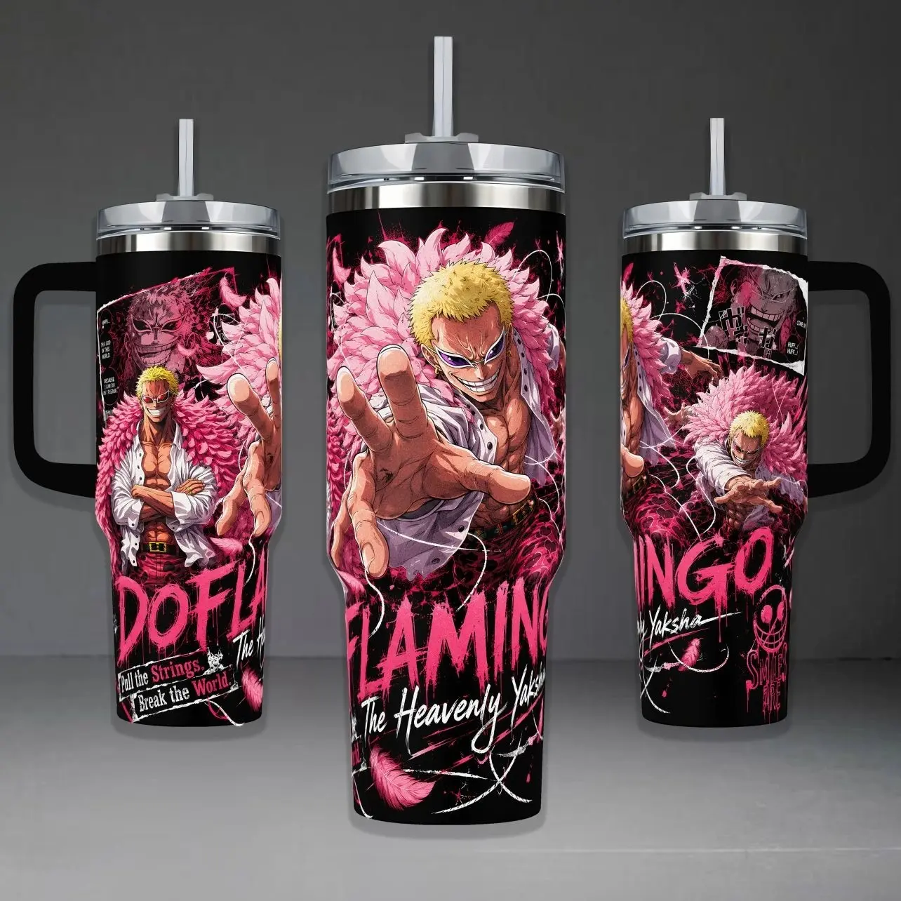 OnePiece Donquixote Doflamingo Insulated Tumbler - 20oz/40oz Stainless Steel Drinkware with Handle, Lid, Pink Feather Design, Heavenly Yaksha Dressrosa King Joker Themed Portable Flask Bottle, Anime Fan Gift