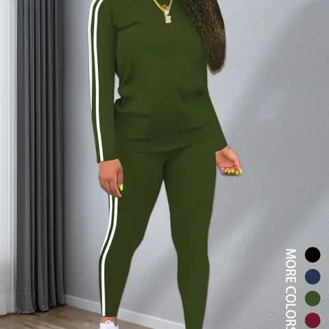 Women's Striped Print Fitted Long Sleeve Knitted Top & Pants Two-piece Set, Casual Style Set Cozy Round Neck Top & Trousers for Daily Outdoor Wear, Ladies Clothes for Spring, Everyday Womenswear Sweater Pant Set Outfit