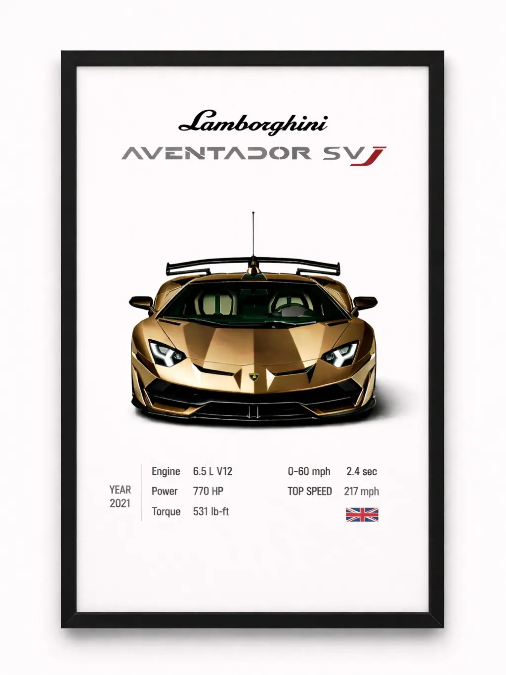 Lamborghini Aventador SVJ Luxury Framed Poster Print, 18x12in Black Frame Wall Art Decor for Home Bedroom, 18 X 12 Inch