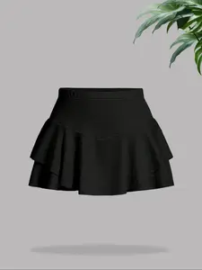 Women's Solid Ruffle Trim Layered Skirt, Elegant Fashion Casual Short Skirt for Daily Outdoor Wear, Ladies Bottoms for All Seasons, Tennis Skirt