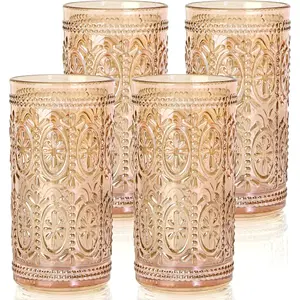 Amber Glassware Set of 4 Vintage Drinking Glasses, 12oz Amber Heavy Duty Glass Cups, Old Fashioned Highball Glasses Set for Party Wedding Home Office, Ideal Glassware Gift