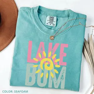 Comfort Colors Vintage Distressed Lake Bum Sun TShirt, Summer Lake Bum Smiley Tee, Happy TShirt, Girly Tee, Gift for Her, Cotton Fabric