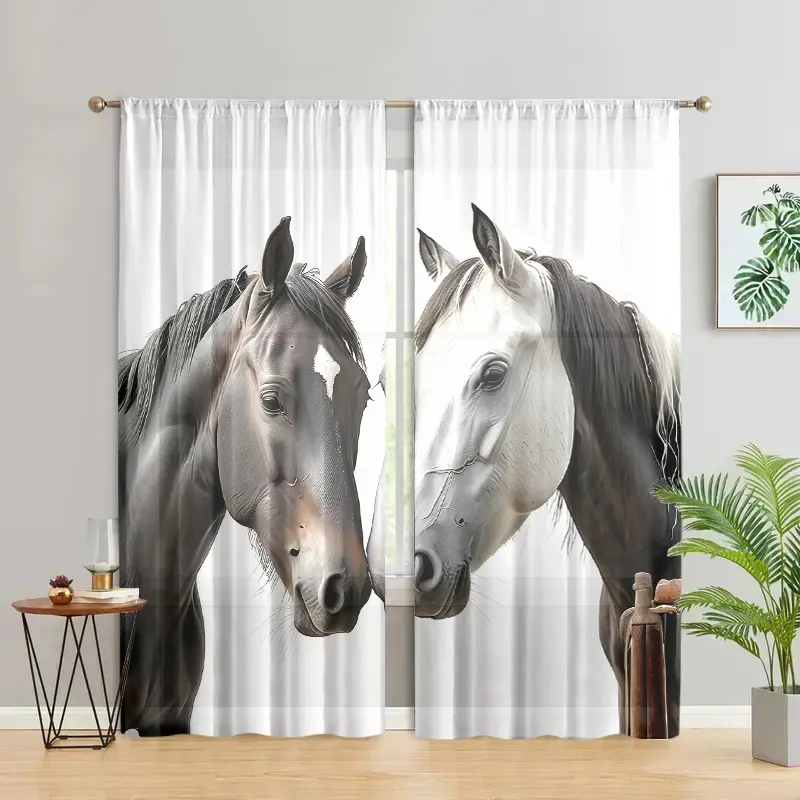 2 pieces, horse print curtains, Home Decorative Curtain, country style, pole pocket style, semi sunshade polyester fiber, suitable for home living room, bedroom, balcony, kitchen decoration, anti privacy, easy to clean
