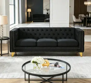 Modern Velvet Sofa - Button Tufting, Square Arms, Metal Legs - Indoor Living Room, Bedroom Furniture