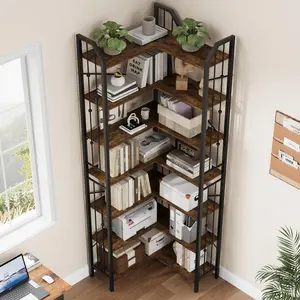 Corner Bookshelf 86" l Shaped Bookcase, Black+brown Corner Bookshelves Industrial Bookcase 7 Tier l-Shape Bookshelf, Large Bookcases with Beaded Design Tall Display Rack Shelf for Living Room Bedroom