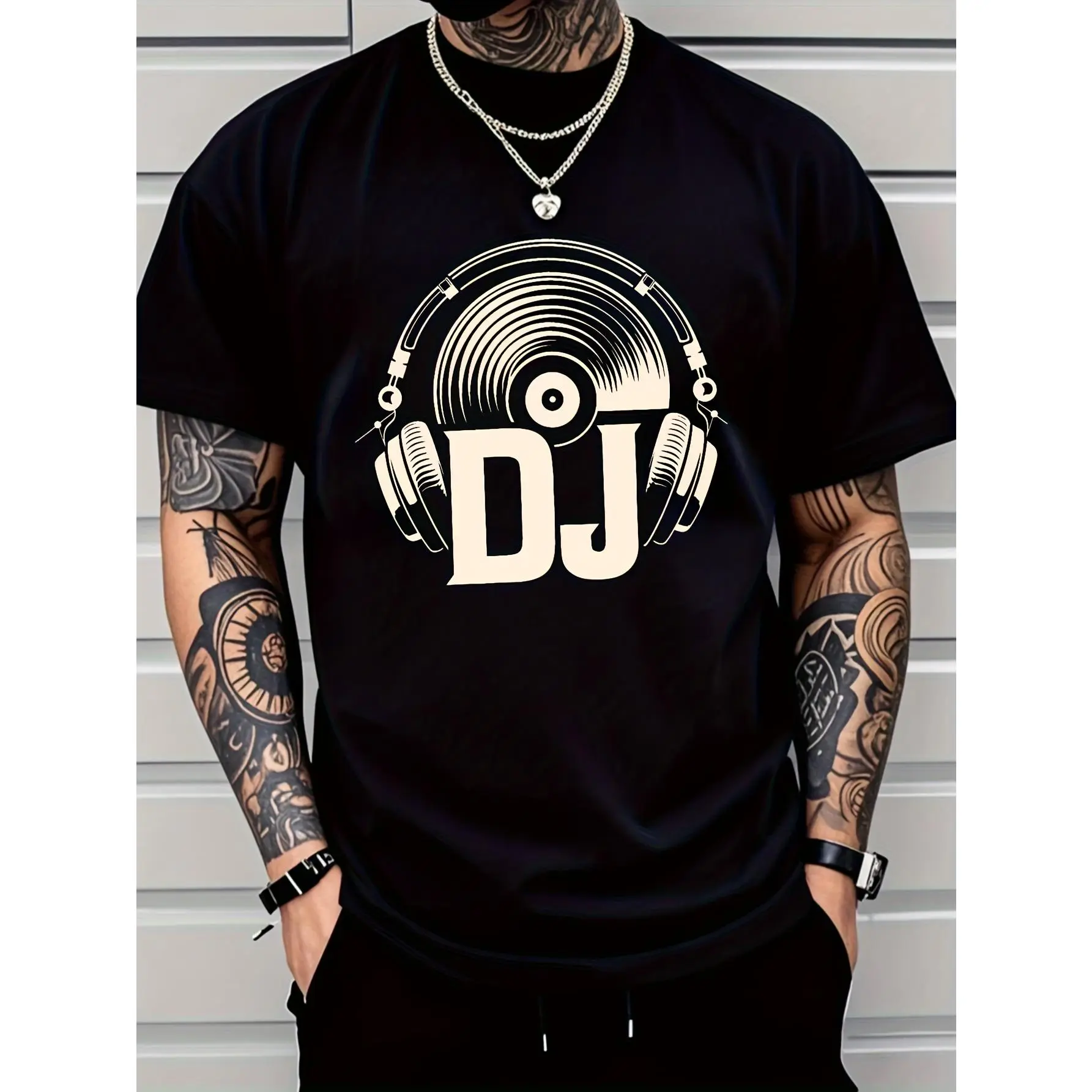 Men's DJ Graphic T-Shirt with Turntable Print, Casual Loose Fit Short Sleeve Round Neck Top, Lightweight Stretchy Fabric for Parties & Clubs