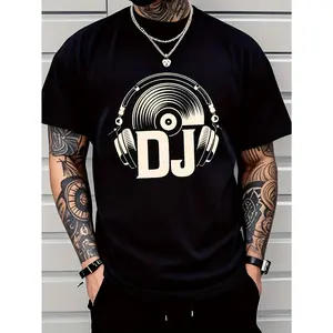Men's DJ Graphic T-Shirt with Turntable & Headphone Print - 100% Stretchy Comfort Fit, DJ Lettering & Music Notes Design, Casual & Music Production Apparel for DJs, Machine Washable All-Season Wear (Black/White) - Ideal for Parties, Clubs, Casual Attire