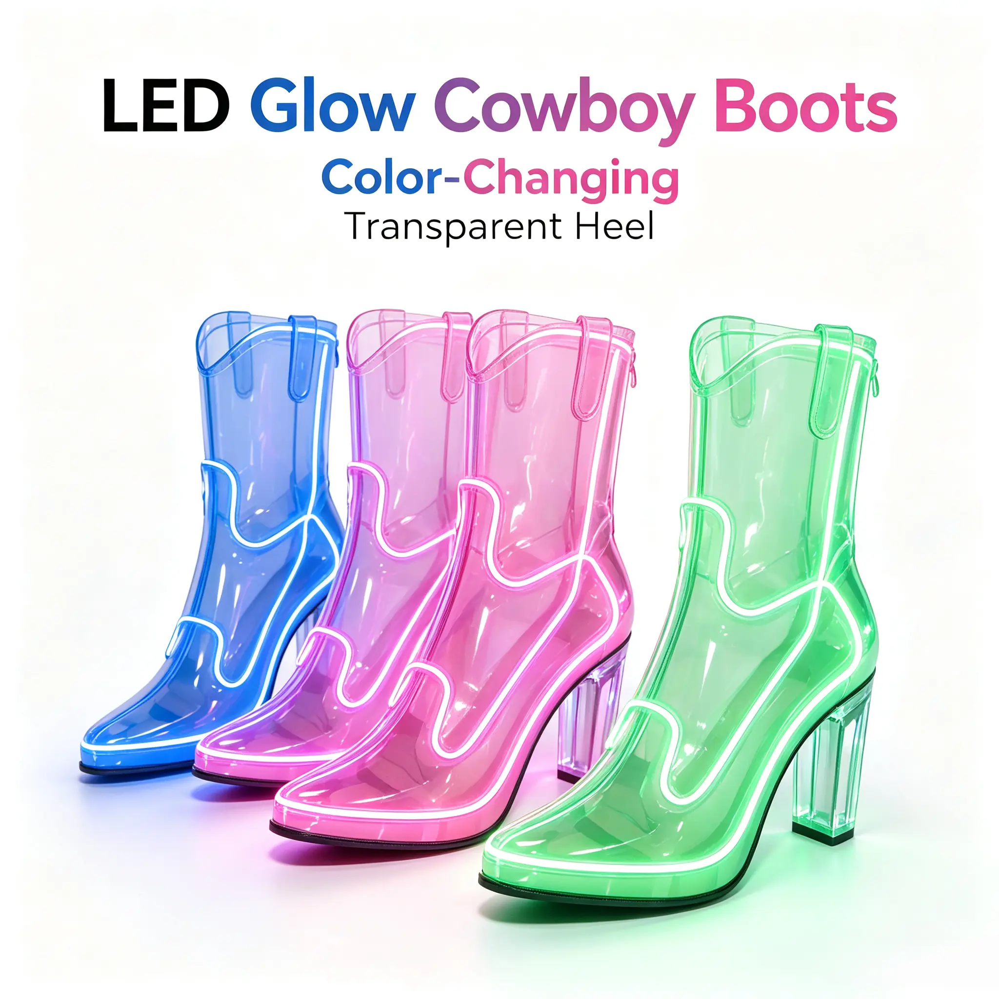 Clear LED Light-Up Pointed-Toe Chunky Heel Ankle Boots, Sparkly Sequin Party Boots for Stage Shows & Night Events