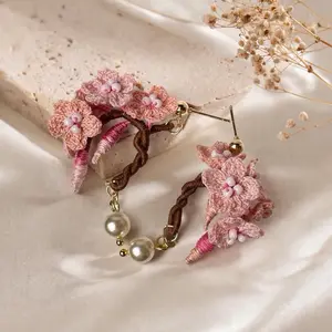 Handmade Crochet Sakura Earrings with Pearl beads, Elegant Cherry Blossom Jewelry, Delicate Floral Dangle, Keep Spring Forever Gift