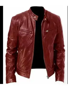 Men's Faux Leather Bomber Jacket - Casual Loose Fit Biker Coat, Menswear Tops, Long Sleeve Shell with Sleeves