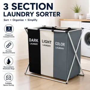 Collapsible 3 Section Laundry Hamper Sorter Folding Aluminium Frame Portable Handles Sturdy Metal Waterproof Oxford Fabric Large Capacity Dirty Clothes Organizer Basket for Bedroom Bathroom Dorm Home