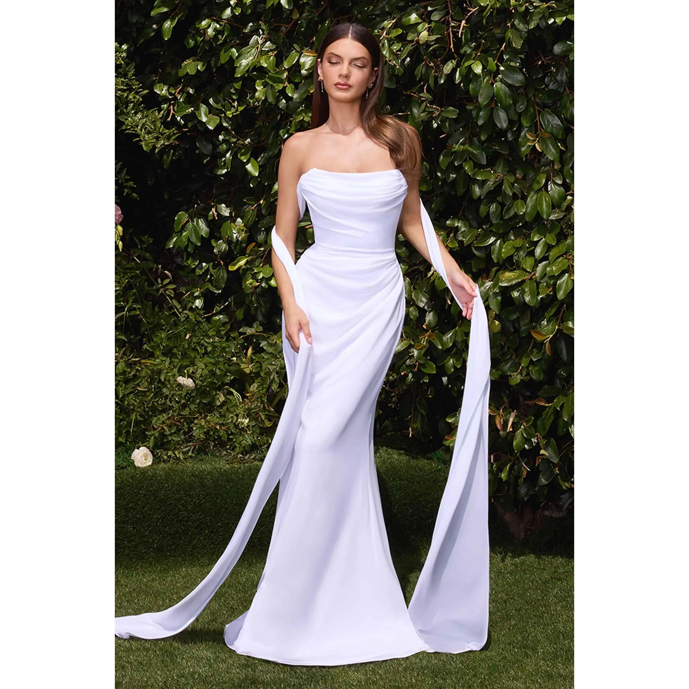 Women's Ladivine 7433W Strapless Sleeveless Fitted Chiffon Elegant Wedding Dresses with Tie Design, Formal Bridal Wear for Prom, Womenswear