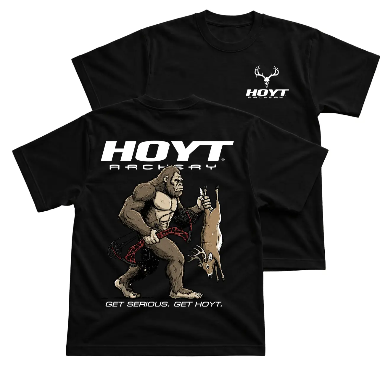 Hoyt Archery Bigfoot Deer Hunting T-Shirt, Get Serious Get Hoyt Graphic Tee With Compound Bow And Whitetail Buck Back Print, Front Chest Deer Skull Logo Shirt, Outdoor Bowhunting Apparel Gift for Hunters and Men Women