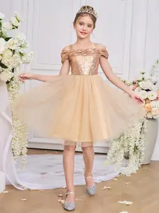 Girl's Glitter Faux Pearl Decor Mesh Party Dress, Elegant Sleeveless Round Neck A Line Dress for Wedding Party, Kids Clothes for Summer
