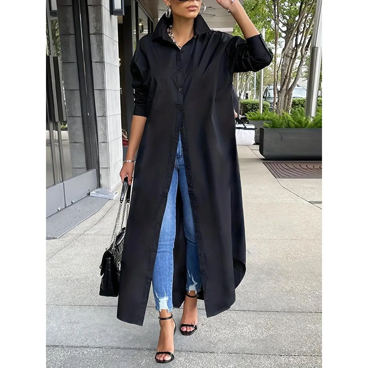 Women's Solid Collared Button Front Long Blouse, Casual Long Sleeve Button Up Shirt, Fashion Women's Spring & Fall Top For Daily Wear