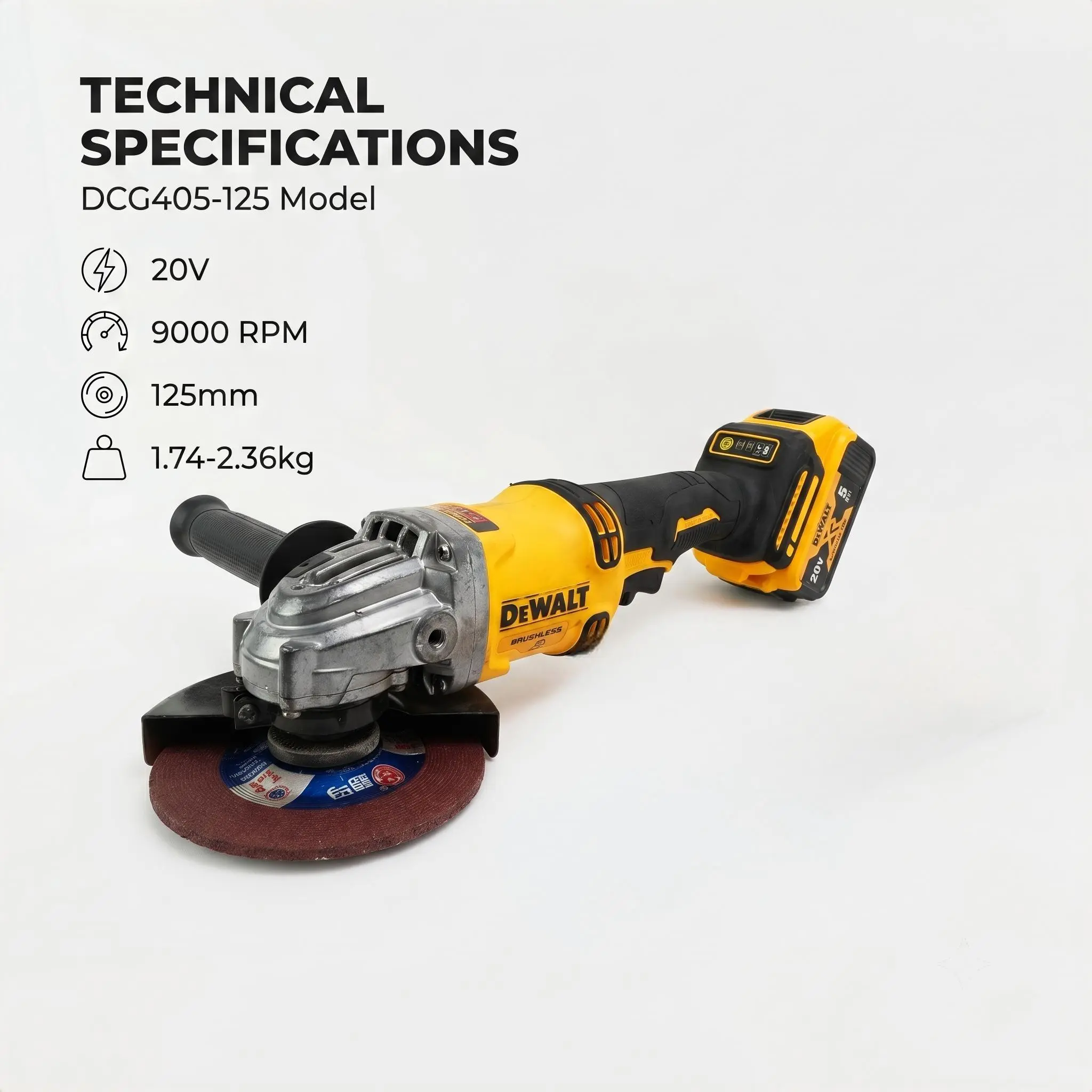 Dewalt DCG405 20V Brushless Motor Battery Powered Angle Grinder, 125mm M14, 9,000 RPM, High Torque, Electronic Brake, for Home DIY & Construction Tasks (Battery & Charger Included), Concrete, Construction Materials
