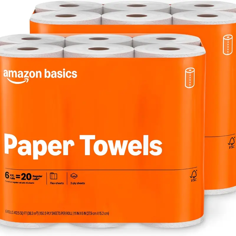 Amazon Basics 2-Ply Flex-Sheets Paper Towels, 12 Basics Rolls = 40 Regular Rolls, Everyday Value with 150 Sheets per Roll, Packaging May Vary