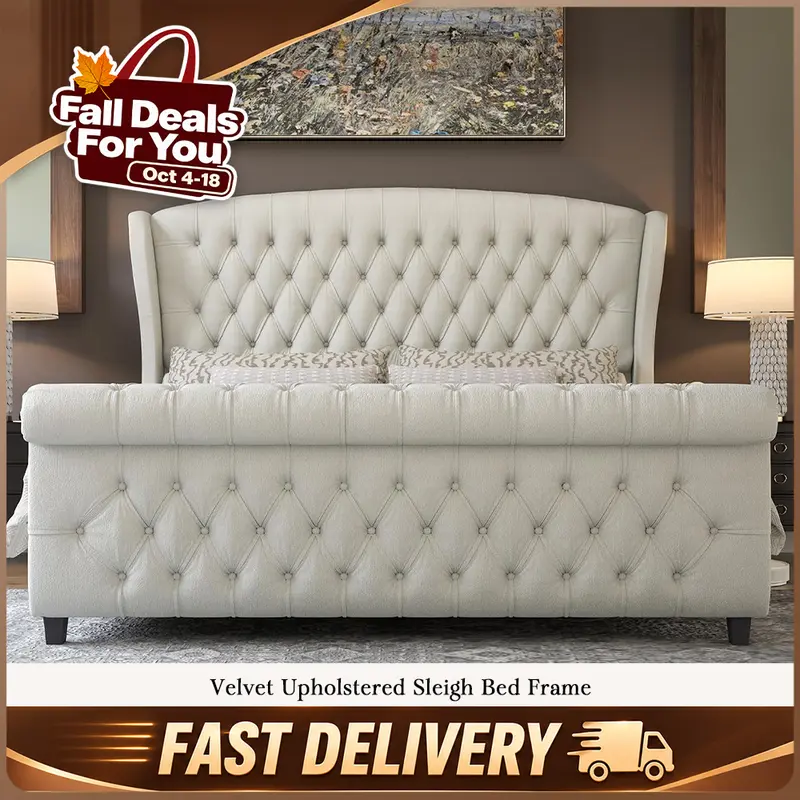 [Only Bed Frame]VanAcc Platform Bed Frame, Velvet Upholstered Sleigh Bed with Scroll Wingback Headboard & Footboard/Button Tufted/No Box Spring Required/Easy Assembly #TikTokShopFallDealsForYou
