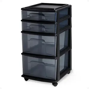 Drawer Tower, 4-Tier Clear Plastic Storage Organizer Cart, Black Frame - Rolling Drawer Containers with Wheels for Bathroom, Bedroom, Office, and Classroom Organization