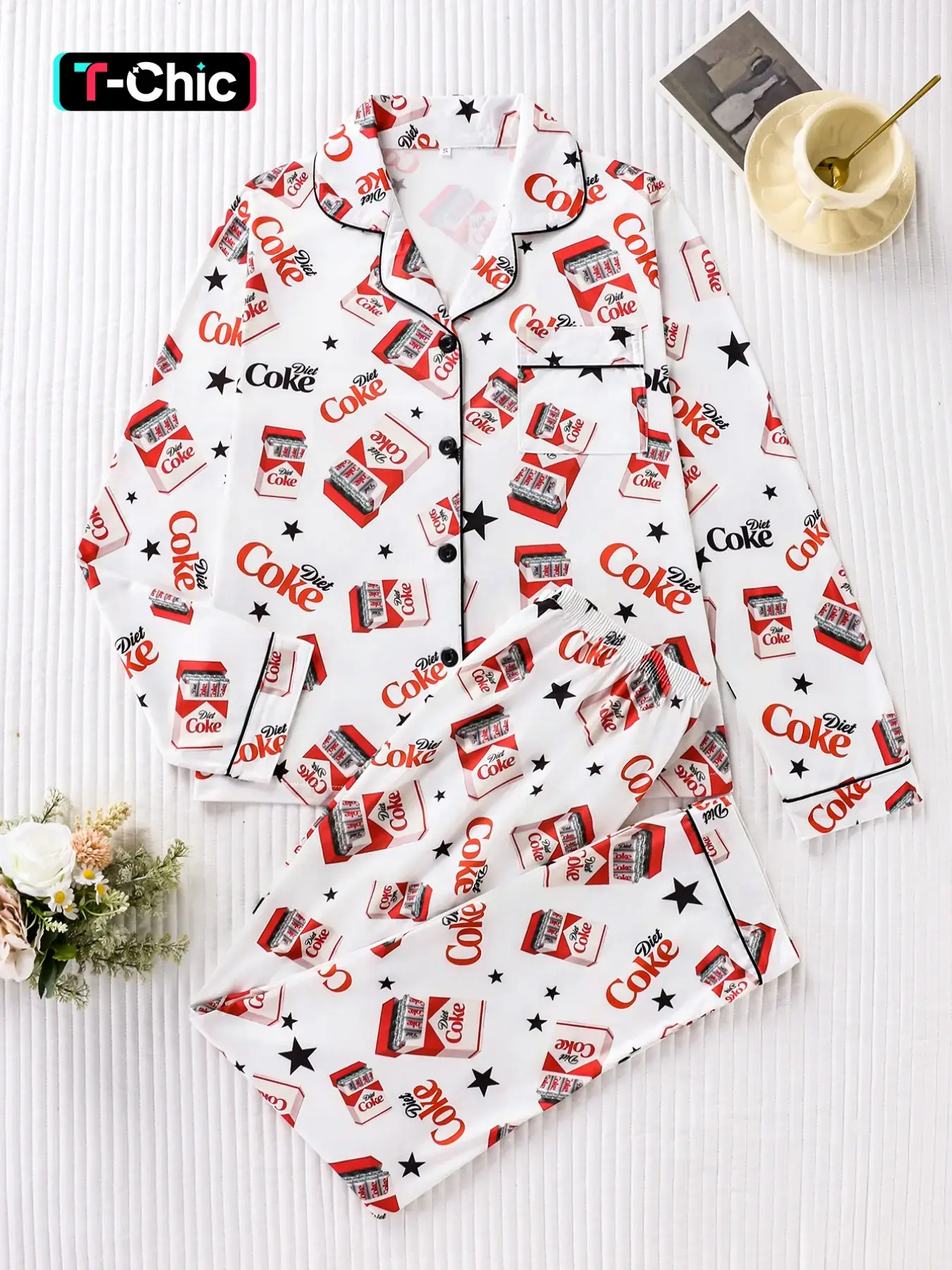 Stylish Two-Piece Star Pattern Pajama Set Pyjamas for Women, Premium Smooth Fabric Long Sleeve Top and Pants, Comfortable and Chic Sleepwear Loungewear