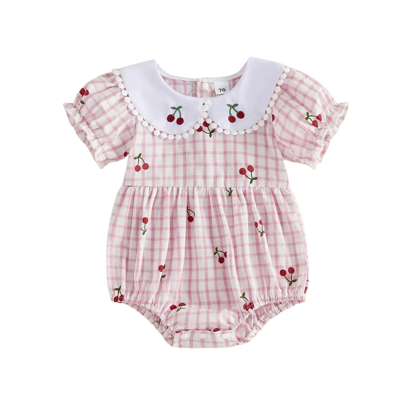 Canrulo Newborn Smocked Baby Girl Bubble Romper Ruffle Doll Collar Plaid Cherry Print Infant Bodysuit Summer Clothes Outfits