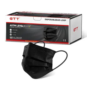 GTT Black Disposable Face Masks ASTM Level 1, 50 Pack, 3-Ply Breathable Ear-Loop Masks for Adults, All-Purpose Daily Use