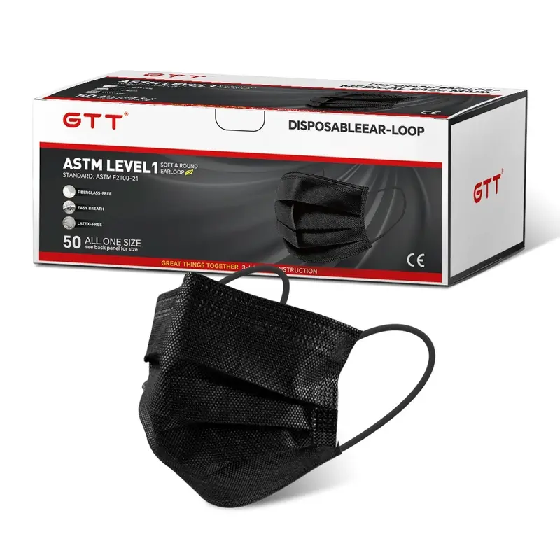 GTT Black Disposable Face Masks ASTM Level 1, 3-Ply Breathable Ear-Loop Masks for Adults, All-Purpose Daily Use