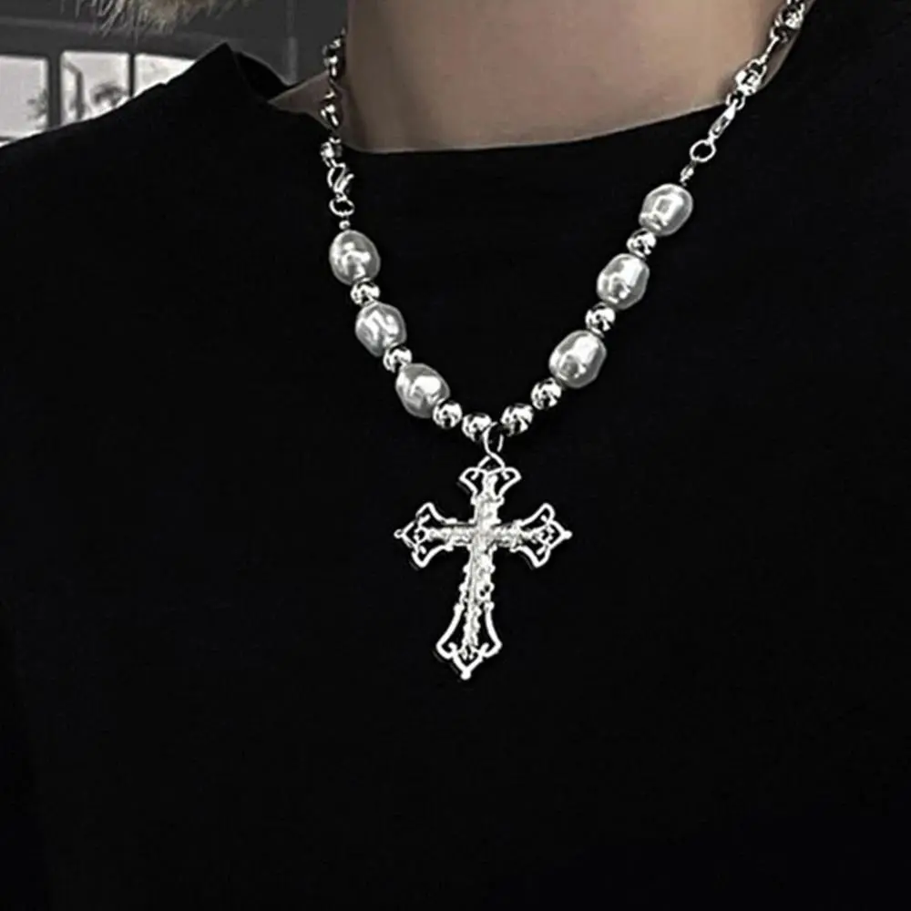 Men's Punk Beaded Rhinestone & Pearl Pendant Chain Necklace - Silver-Tone Long Letter Cross Costume Jewelry for Daily, Party Wear, Chain Jewelry Necklaces, Cross Pendant, Silver Cross Necklaces