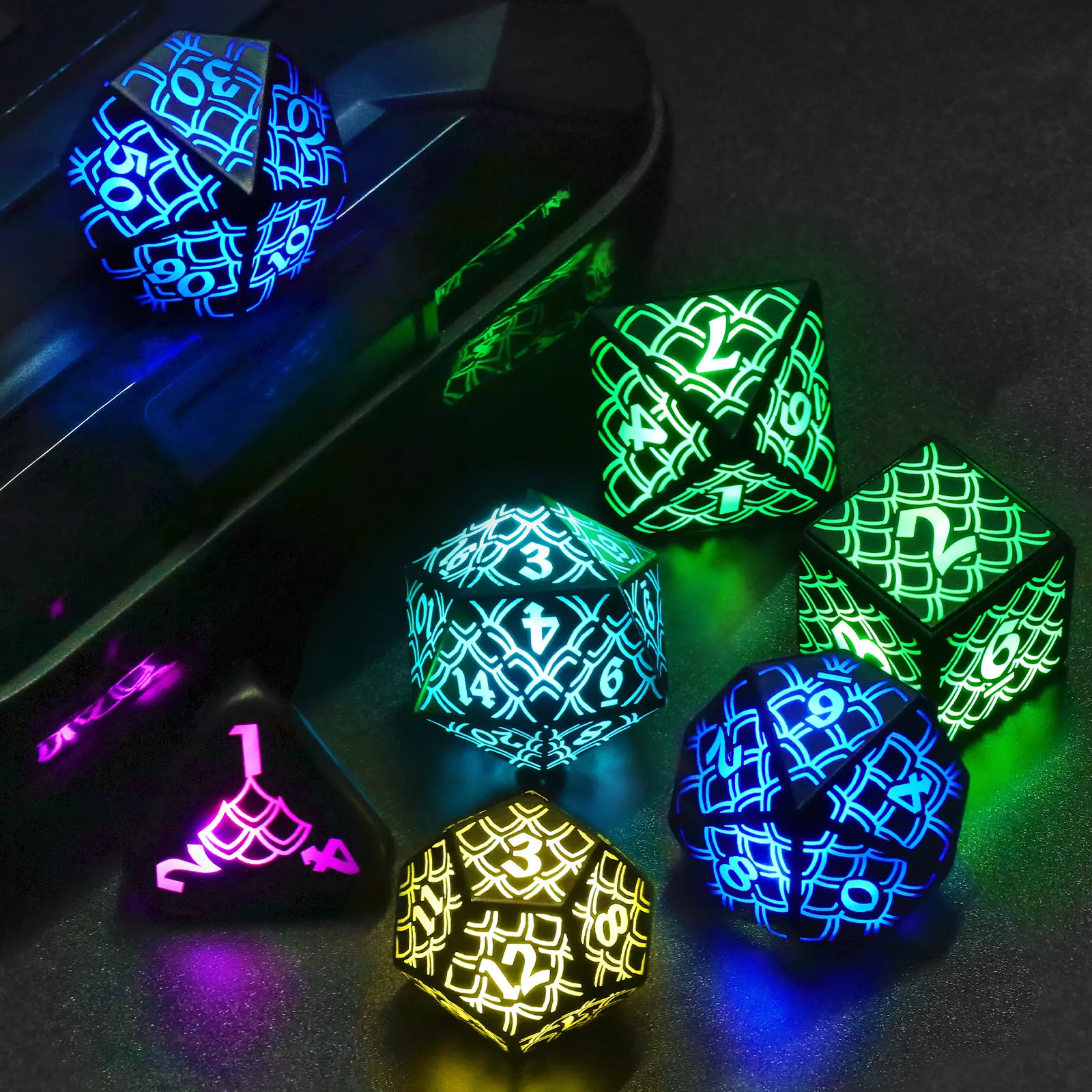RGB Light-Up Wireless Charging Polyhedral Dice Set - 3.5H Battery Life, Dragon Scale Design, PVC Free, Semi-Transparent Dice Box, Special Gift Set for Dungeons & Dragons Collectors, Rechargeable Battery