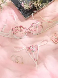 Women's Floral Embroidery Mesh Sexy Fitted Lingerie Set, Adjustable Strap Contrast Lace Bra & Sheer Thong Set for All Seasons, Fashion Comfy Women's Sexy Lingerie Set for Daily Wear
