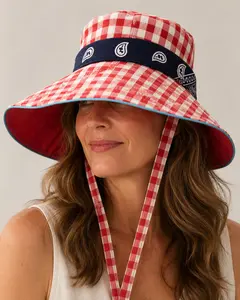 Hand-Embellished Red Gingham Navy Handkerchief Wide-Brim Sun Hat by Trish