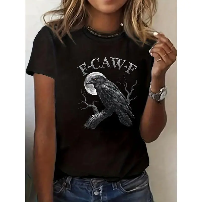 Women's Gothic Crow Moon Graphic T-Shirt, Casual Oversized Fit Short Sleeve Top in 100% Cotton Fabric