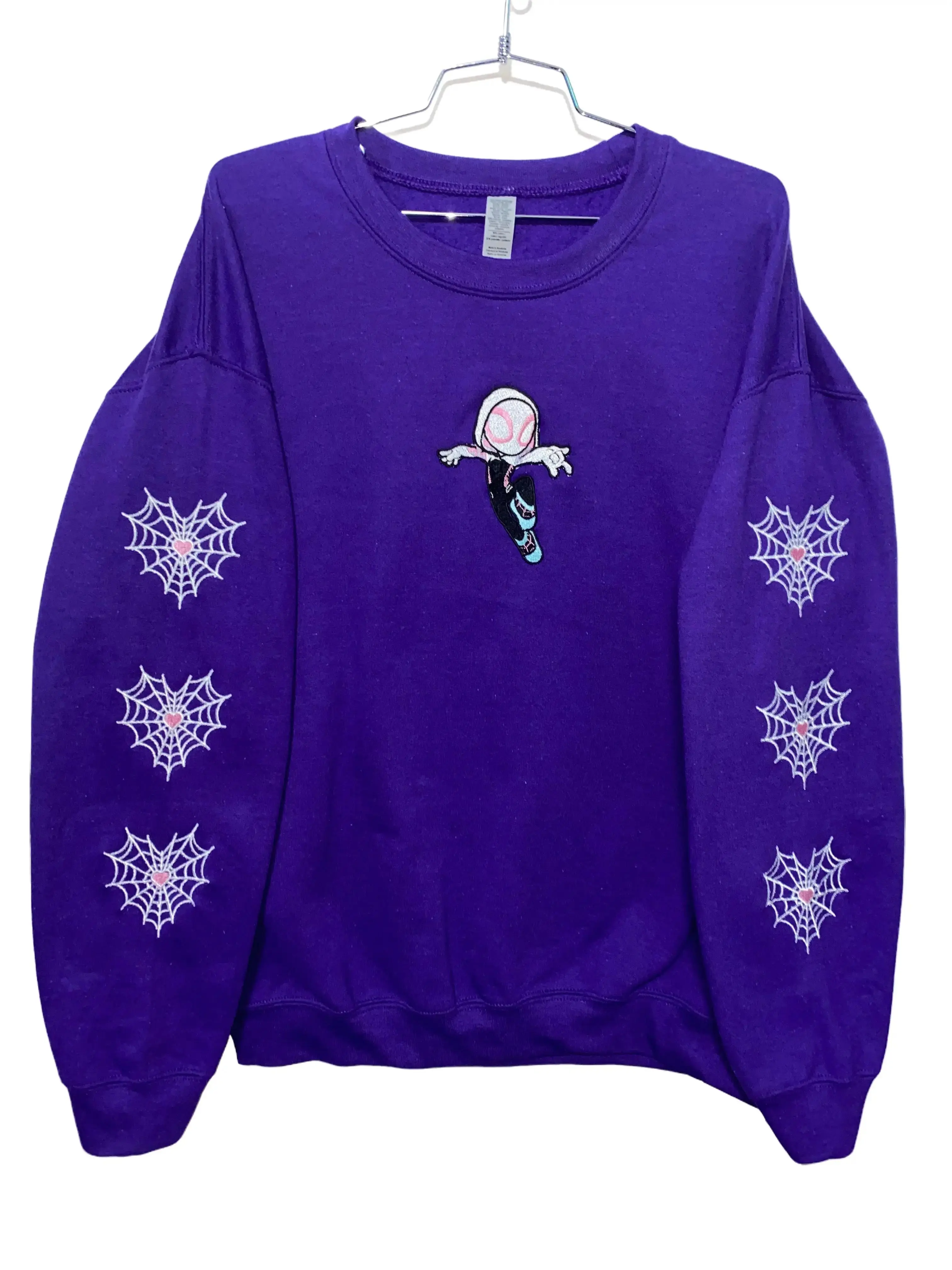 Embroidered Spider-Woman Purple Sweatshirt with Spider Web Details Long Sleeve Casual Wear Unique Design in Striking Purple Color