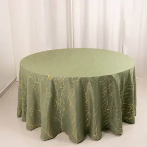 Polyester Round Tablecloth 120" Dusty Sage Green with Gold Foil Tree Branch Pattern - Seamless & Wrinkle-Resistant Table Cover