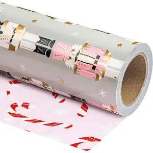Double-Sided Nutcracker Christmas Wrapping Paper - Mini Roll - 17inch x 33 Feet - Nutcracker and Candy Cane Pattern Printed on Pearlescent Paper, Suitable for Christmas, Festivals, Party Celebrations
