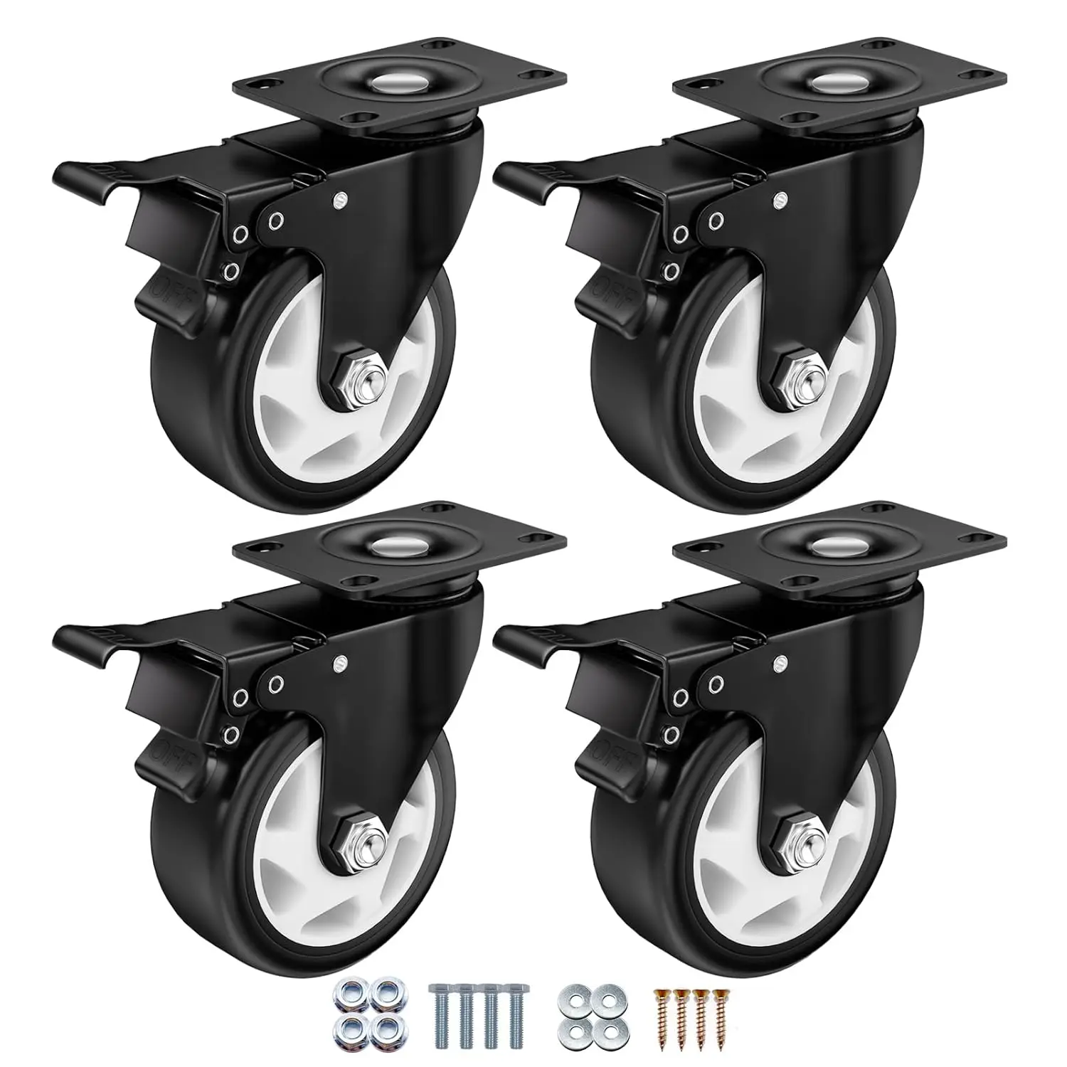 4-Pack 4-Inch Heavy Duty Swivel Casters with Dual Brake, 1200 lb Capacity PU Caster Wheels for Workbench, Furniture, Utility Cart and Table