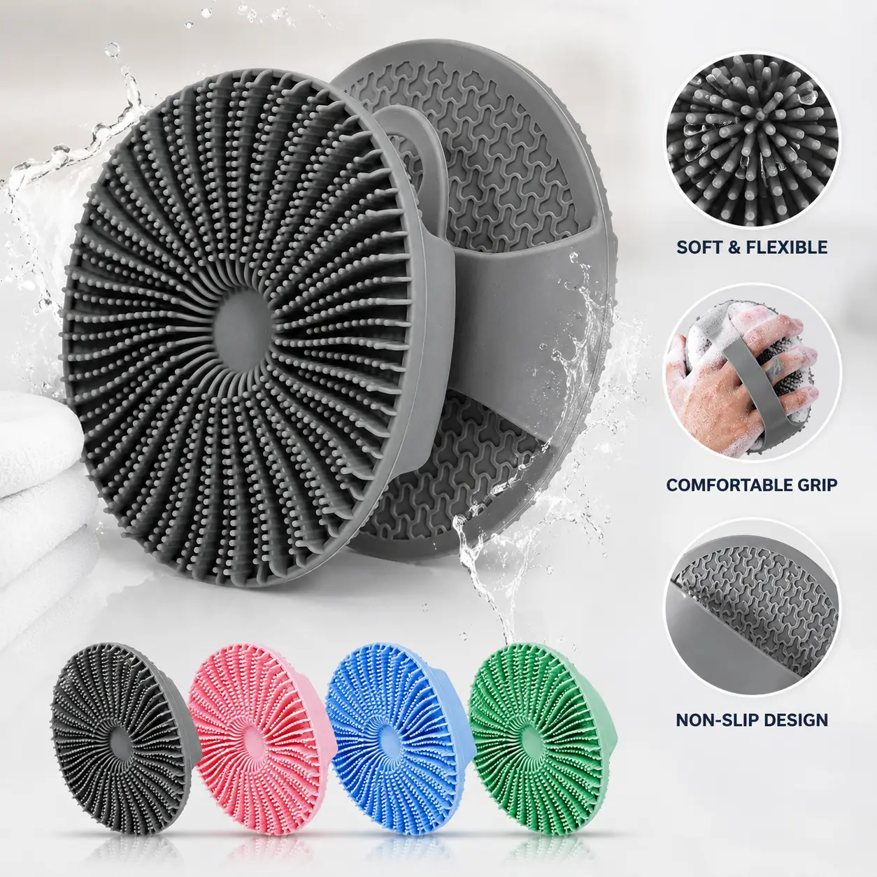Body care tool, body brush with soft silicone bristles, suitable for back and full-body massage; non-slip exfoliating shower brush; silicone shower brush that effectively cleanses the skin and removes dead skin cells