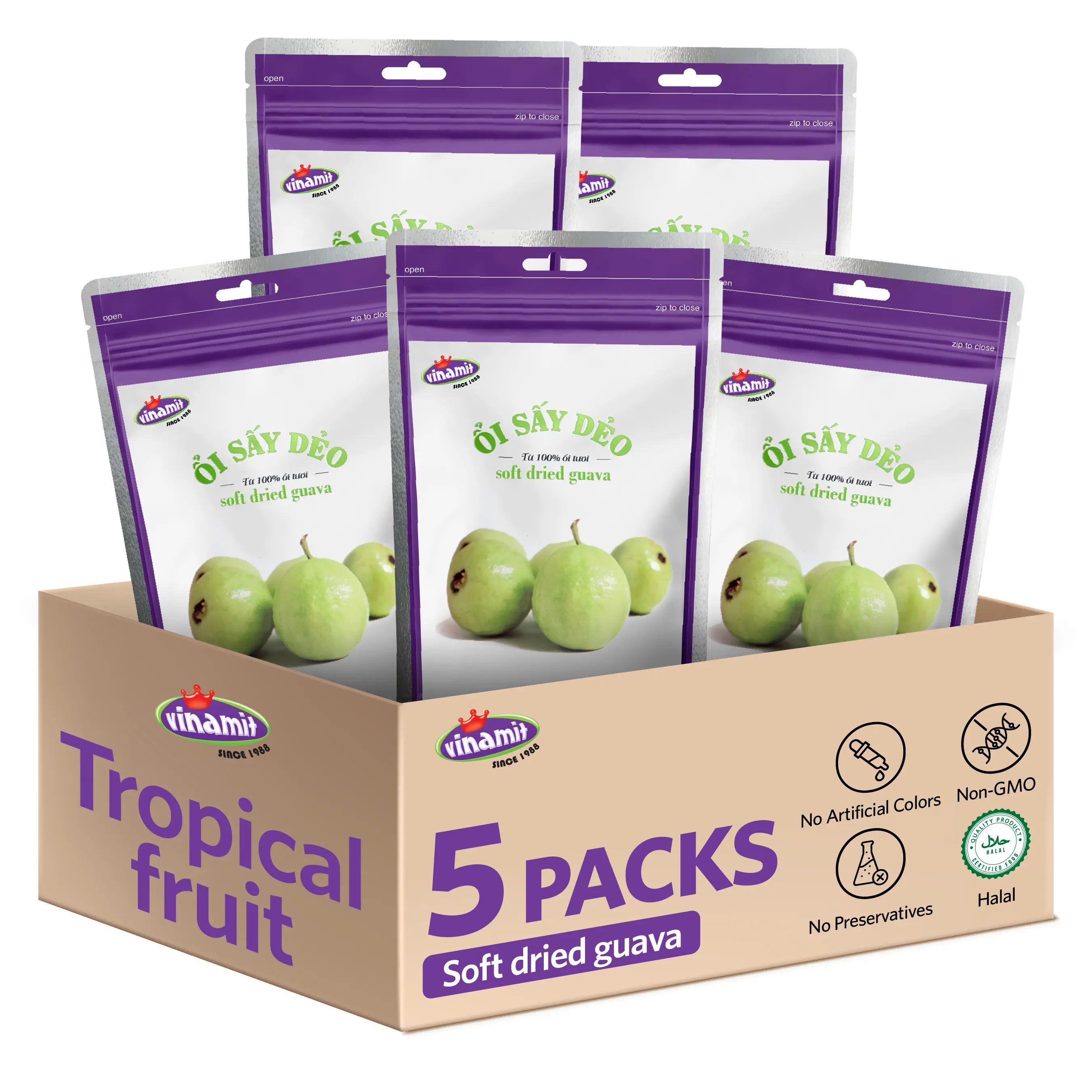 Vinamit Soft Dried Guava Fruit, Chewy Tropical Fruit Snacks | Sweet-Tart Flavor, High in Fiber & Vitamin C, Dried Fruit for Adults, Travel, Gifting & Kids’ Lunchboxes