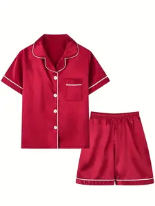 Kids Satin Pajama Set Silk-Like Short Sleeve Sleepwear Buttons Down Pjs Soft Loungewear for Boys Girls