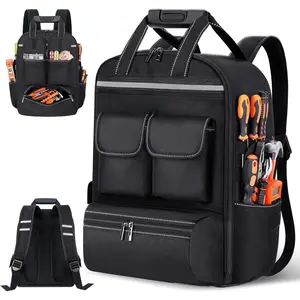 Tool Bag Backpack For Men With 18 Tool Pockets, Heavy-Duty Tool Storage Organizer Bag With Padded Shoulder & Waist Support, Multi Pouch Pockets bag For Contractor, Plumbers, HVAC Techs(Black)