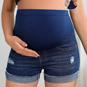 Maternity Adjustable High-Waist Skinny Denim Shorts With Distressed Details