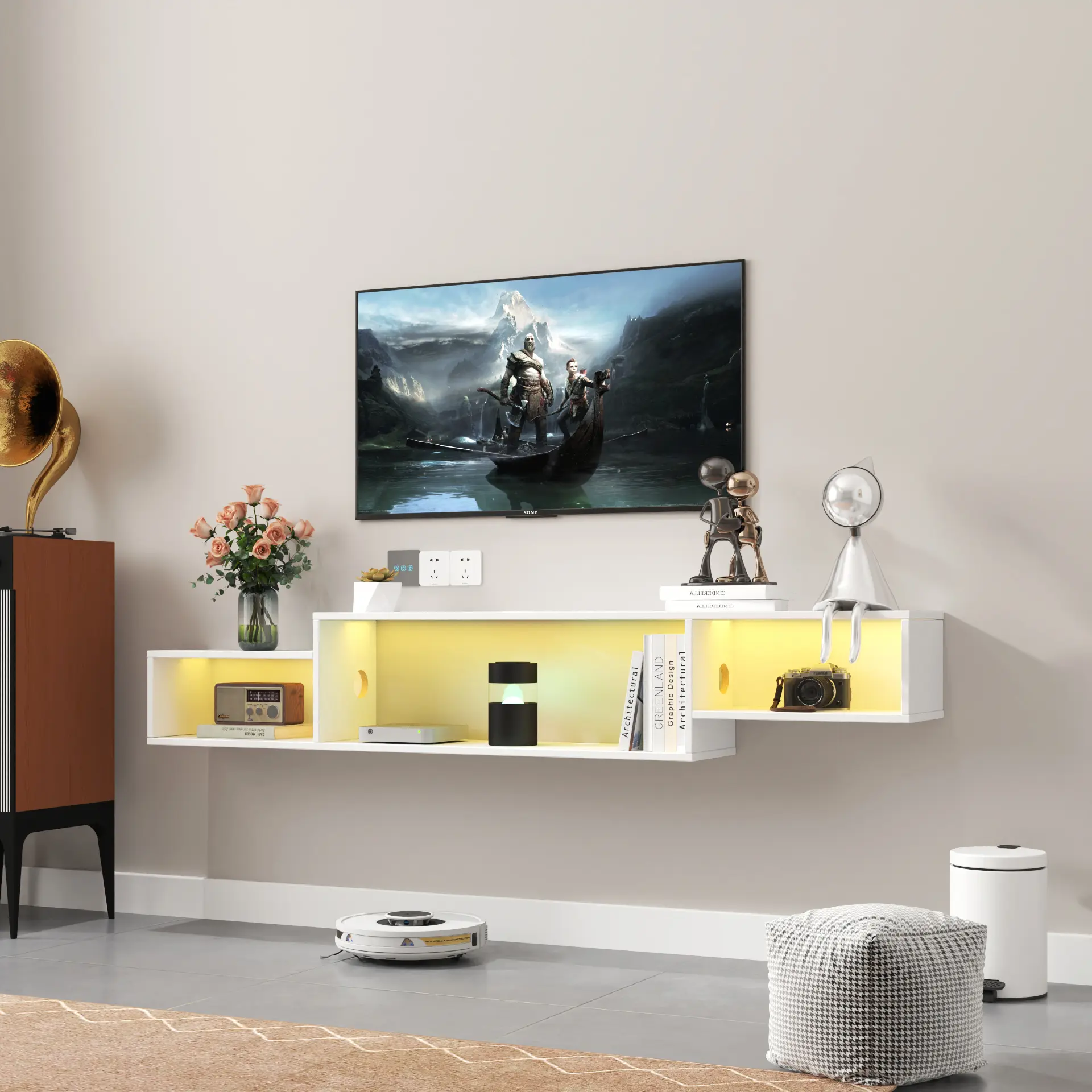 65" Minimalist Floating TV Stand, 3-Shelf Modern Wall-Mounted TV Shelf with LED Lights, Storage-Equipped Floating Entertainment Center for Bedroom & Living Room, White Apartment Furniture, Minimalist Tv Stand