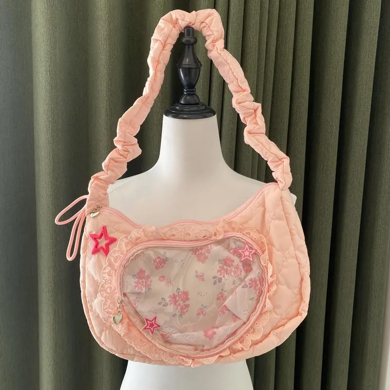 super cute handmade remake ita tote bag y2k ita shoulder bag pink and white color ita tote bag window bags pin display bags for women girl