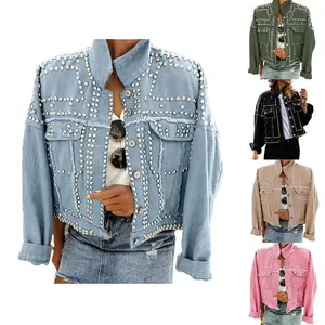 Women’s long-sleeved riveted denim jacket; casual washed pearl denim jacket; jacket with buttons