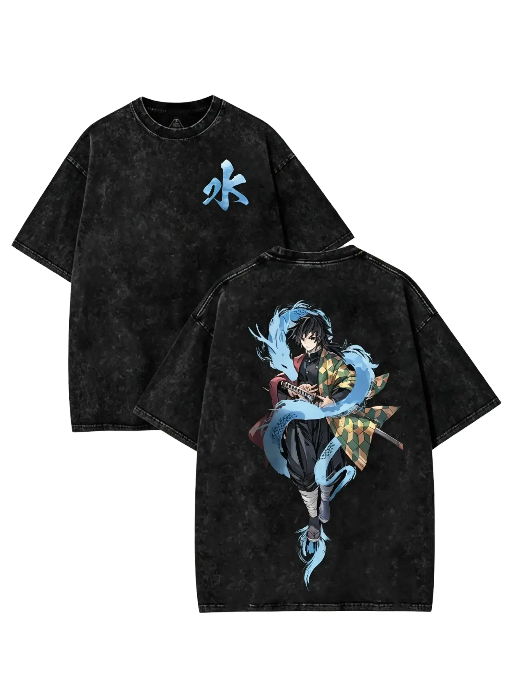 Giyu Tomioka Demon Slayer Graphic T Shirt Vintage Washed Anime Manga Shirt Oversized Water Hashira Kanji Heavyweight Tee