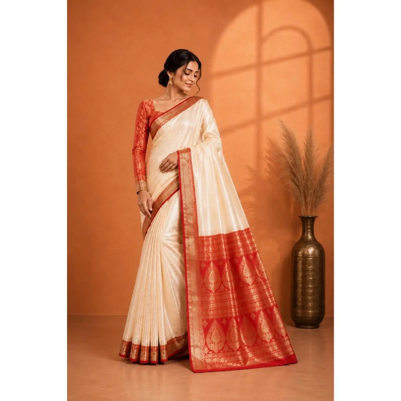 Banarasi Saree with Blouse - White, Pink, Wine, Red - Sizes 36-44 - Fall & Pico Completed - Fully Stitched - Elegant Traditional Wear