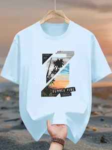 Men's pure cotton casual short-sleeved T-shirt, spring and summer style short-sleeved solid-color printed casual sports T-shirt, all-cotton home and outdoor comfortable and breathable round-neck T-shirt, suitable as a gift for men