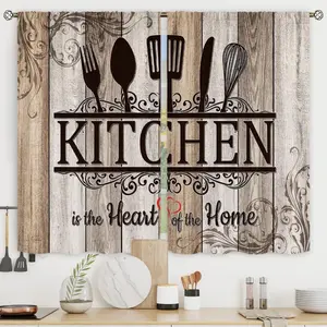 2pcs Retro Farmhouse Kitchen Curtains Short Small Funny Quotes Rustic Wooden Plank Knife and Spoon Rod Pocket Vintage Brown Country Bedroom Living Room Treatment ruffle boho space