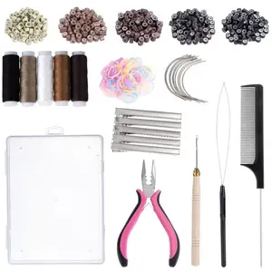 Hair Extension Tools Kit, 500 Silicone Lined Ring Beads,1 Plier, 1 Threader,1 Crochet Hook,10 Curved Hair Needle,5 Hair Clips,5 Rolls Sewing Threads,100 Rubber Bands with Storage Case