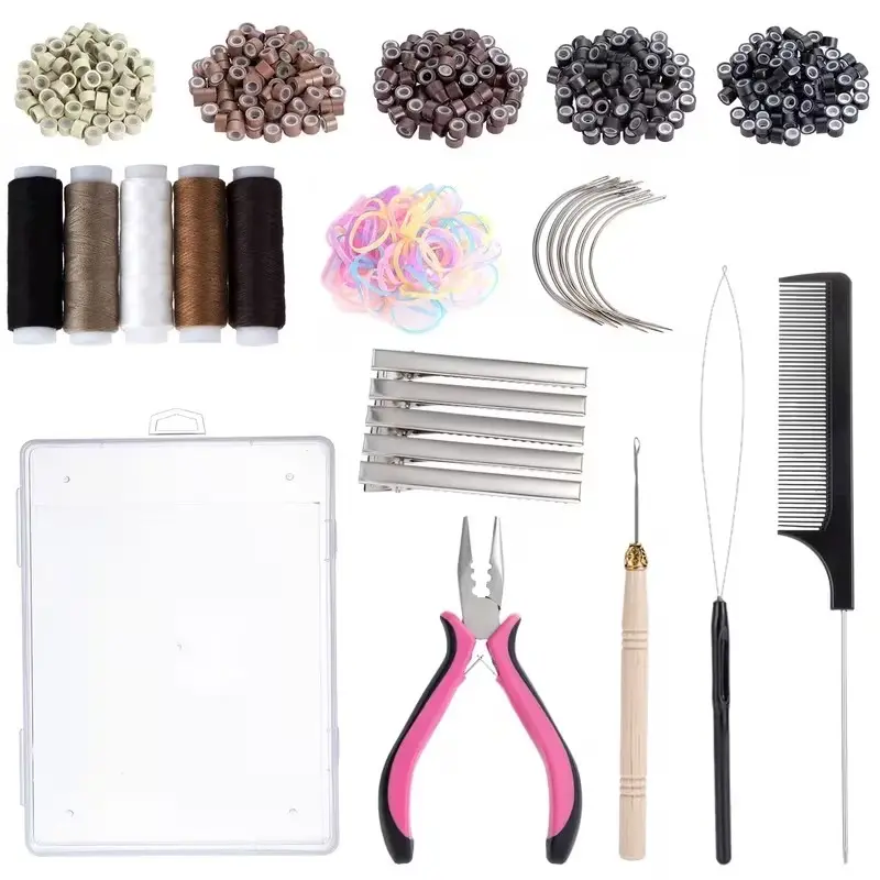 Hair Extension Tools Kit, 500 Silicone Lined Ring Beads,1 Plier, 1 Threader,1 Crochet Hook,10 Curved Hair Needle,5 Hair Clips,5 Rolls Sewing Threads,100 Rubber Bands with Storage Case